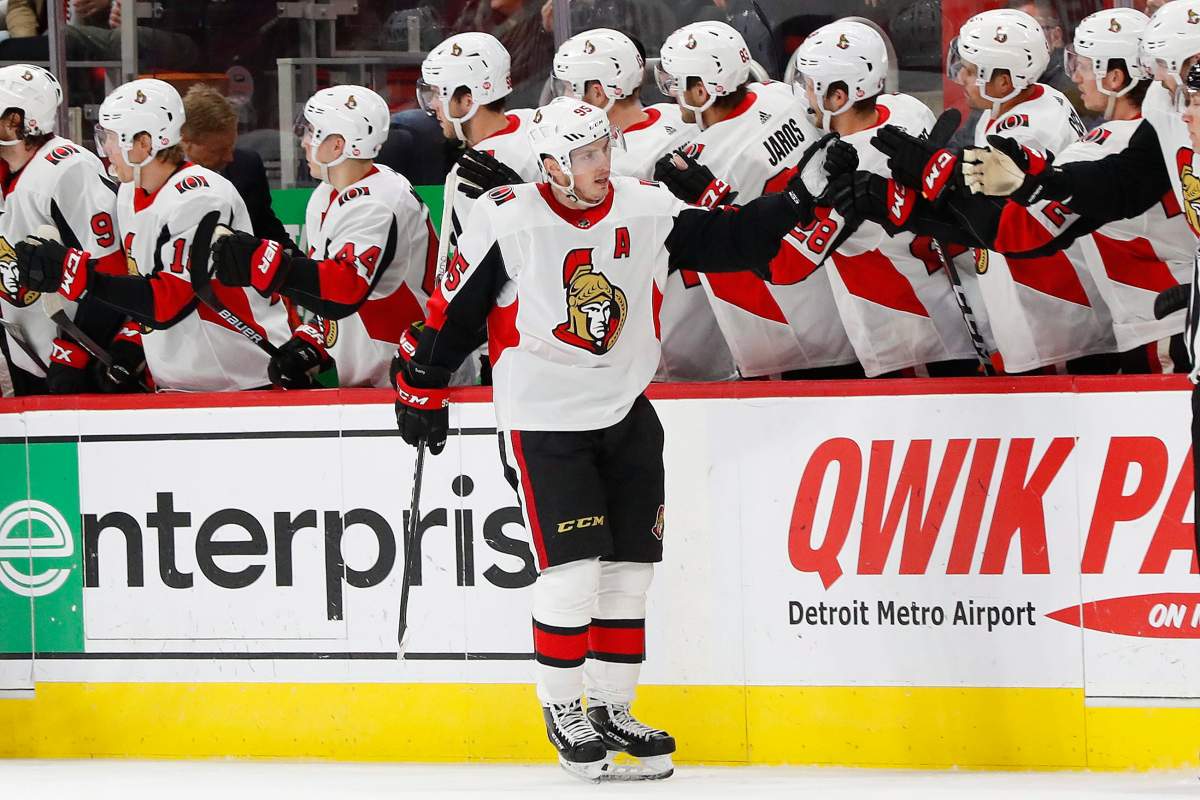 Ottawa Senators center Matt Duchene (95) celebrates his goal against the Detroit Red Wings in the second period of an NHL hockey game Thursday, Feb. 14, 2019, in Detroit. Duchene was traded to the Columbus Blue Jackets on Friday.