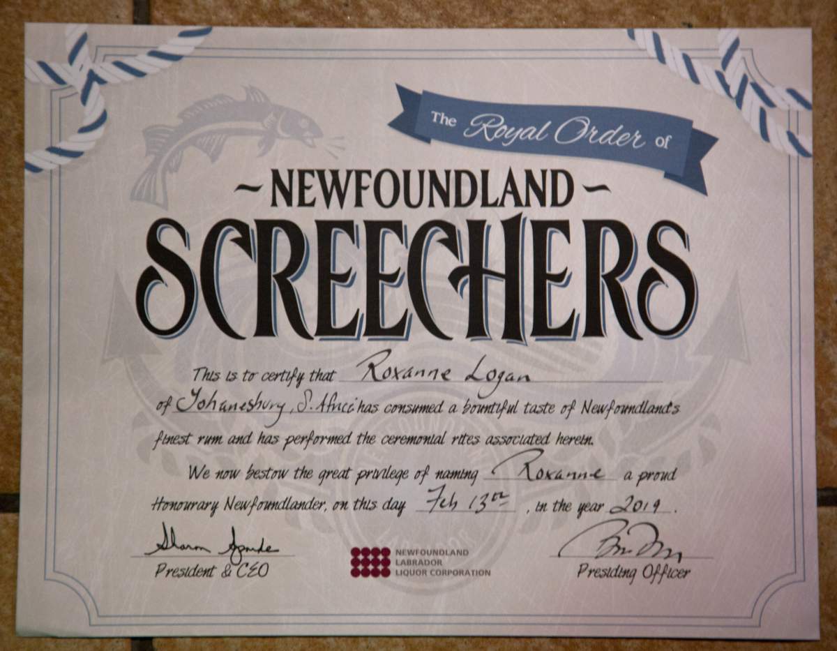 Particpants who are “ScreechedIn” by Brian Day at Christian’s Pub on Wednesday February 13, 2019 in St. John’s NL receive an official certificate.
