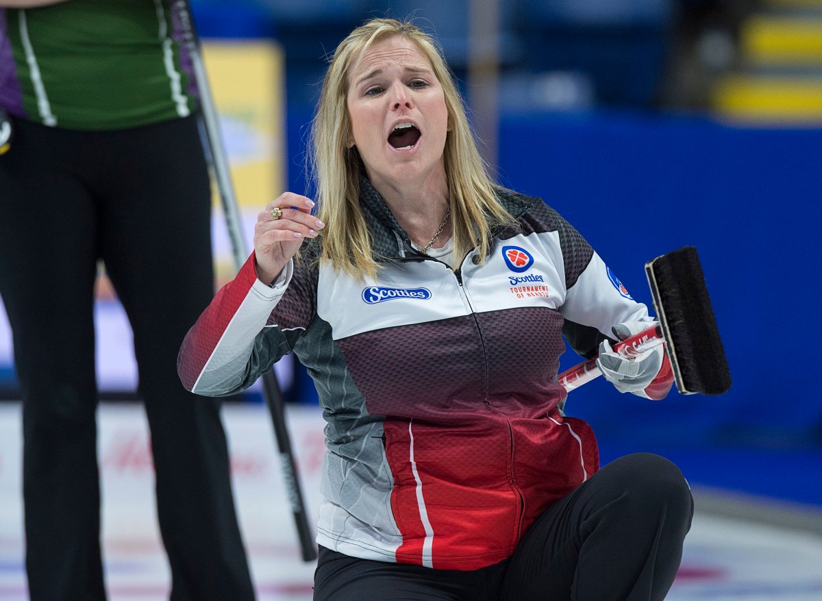 Team Canada skip Jennifer Jones reacts to her last shot in the 10th end as they lost to Prince Edward Island 8-6 at the Scotties Tournament of Hearts at Centre 200 in Sydney, N.S. on Monday, Feb. 18, 2019. 