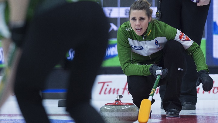 Saskatchewan skip Robyn Silvernagle watches a rock as they play Yukon at the Scotties Tournament of Hearts at Centre 200 in Sydney, N.S. on Feb. 20, 2019. 