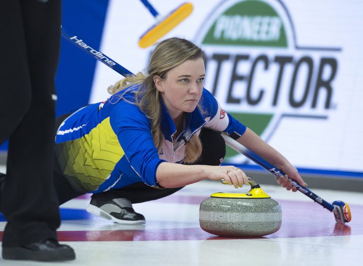 Alberta skip Chelsea Carey delivers a rock as they play Quebec at the Scotties Tournament of Hearts at Centre 200 in Sydney, N.S., on Wednesday, Feb. 20, 2019. 