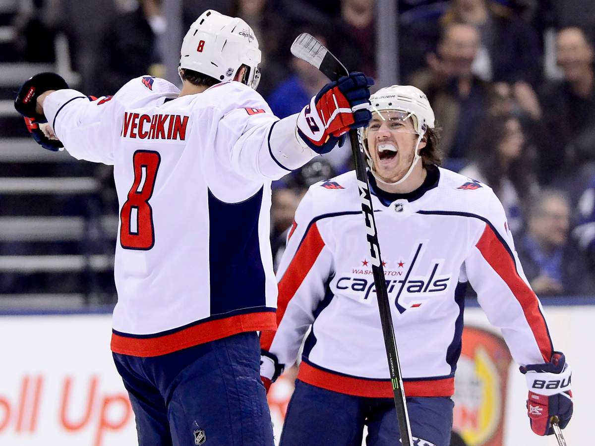Washington Capitals left wing Alex Ovechkin (8) celebrates his goal with teammate T.J. Oshie (77) during second-period NHL hockey action against the Toronto Maple Leafs in Toronto on Thursday, Feb. 21, 2019.
