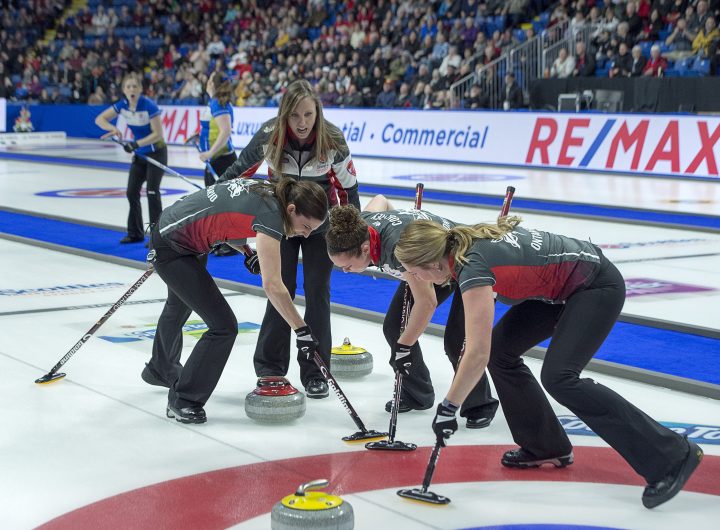 Ontario skip Rachel Homan directs lead Lisa Weagle, second Joanne Courtney and third Emma Miskew, left to right, as her last shot in an extra end came up short to allow Alberta to win the Scotties Tournament of Hearts 8-6 at Centre 200 in Sydney, N.S., on Sunday, Feb. 24, 2019.
