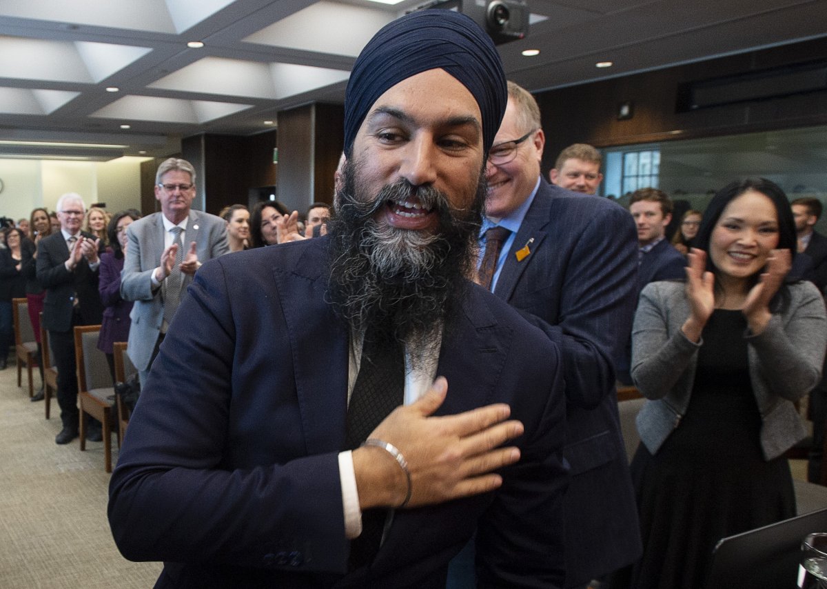 NDP leader Jagmeet Singh makes his way to the podium to deliver a speech to members of caucus and the party during a speech in Ottawa, Wednesday February 27, 2019. 