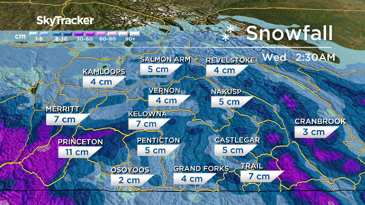 3 to 7 centimetres of snow is possible in the Central Okanagan by mid-week.