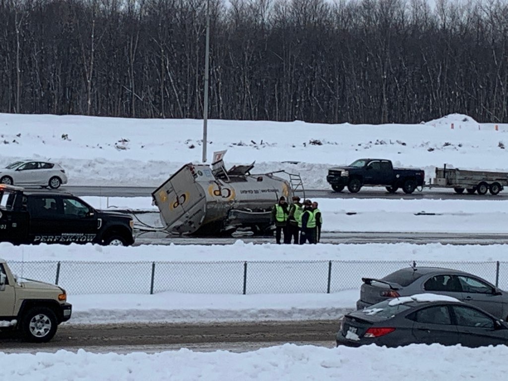Highway 13 North in Laval has been completely closed after a tanker truck flipped on its side, Weds., Feb. 13, 2019.