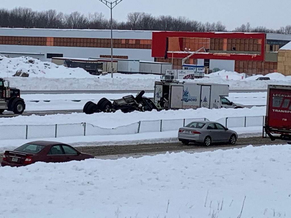 A tanker truck flipped on its side on Highway 13, Weds., Feb. 13, 2019.