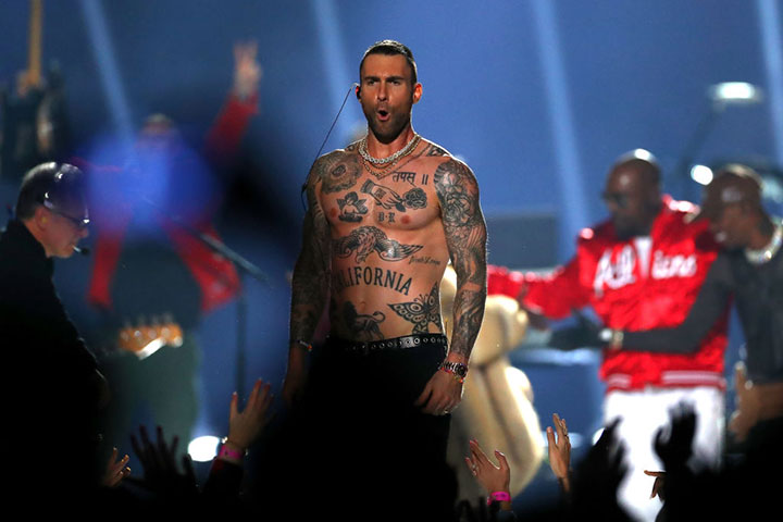 Adam Levine of Maroon 5 performs during the Pepsi Super Bowl LIII Halftime Show at Mercedes-Benz Stadium on February 3, 2019 in Atlanta, Georgia.