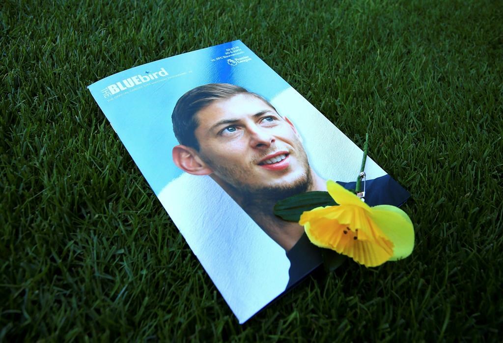 A view of the match day programme with an image of Emiliano Sala on the cover, ahead of the English Premier League soccer match between Cardiff and Bournemouth at the Cardiff City Stadium, in Cardiff, Wales, Saturday, Feb. 2, 2019. (Mark Kerton/PA via AP)