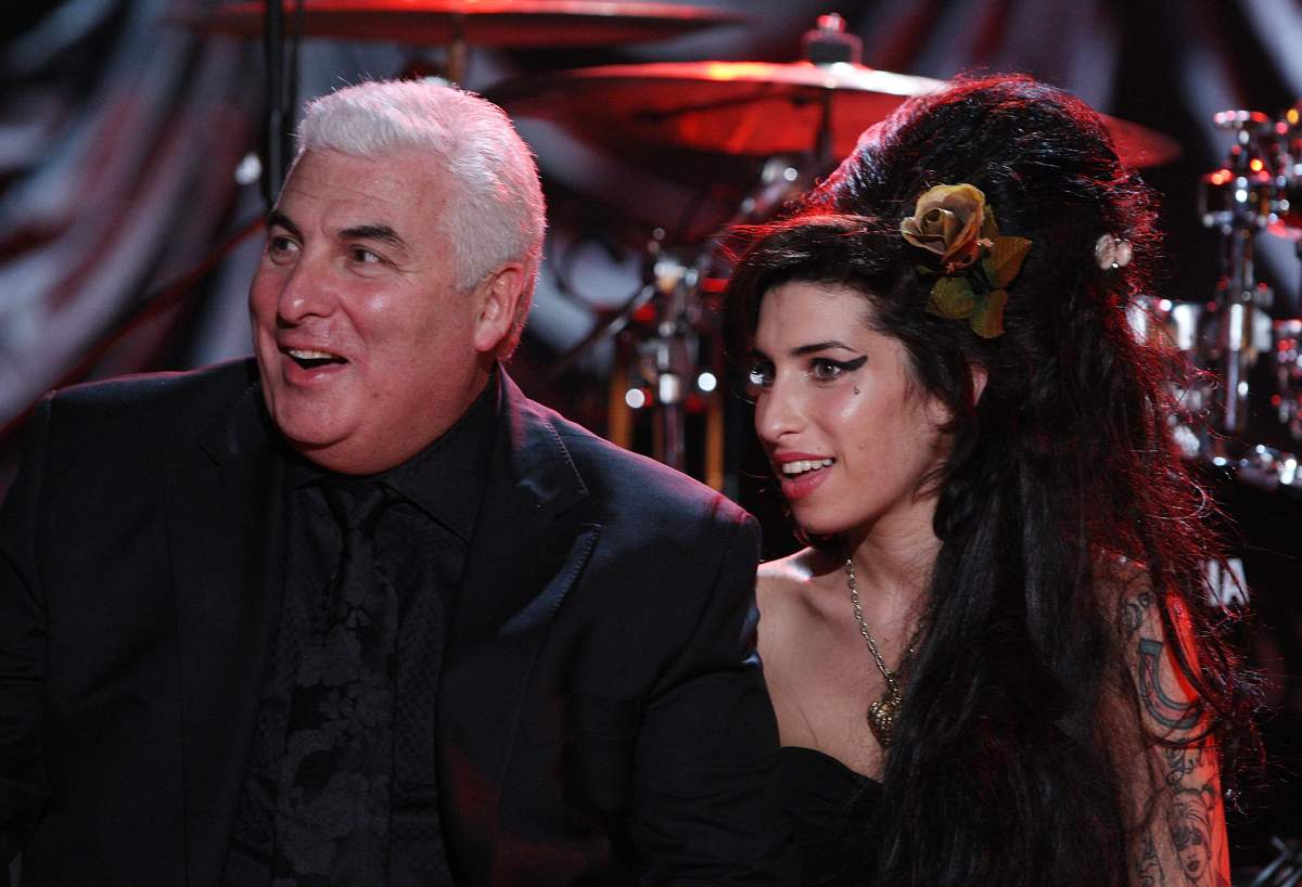 Amy Winehouse sits with her father Mitch at The Riverside Studios for the 50th Grammy Awards ceremony on Feb. 10, 2008, in London, England.