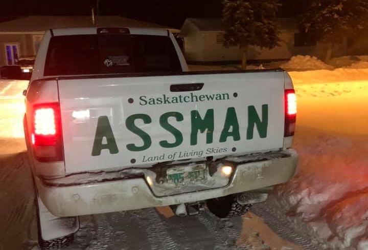 A Saskatchewan man put an "ASSMAN" decal on his truck's tailgate, after his request for a licence plate with his last name on it was rejected. 