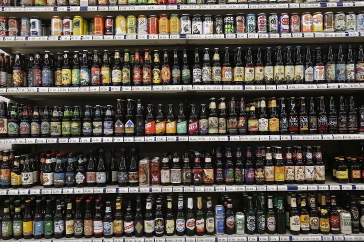 A file photo of single beers stacked on shelves.
