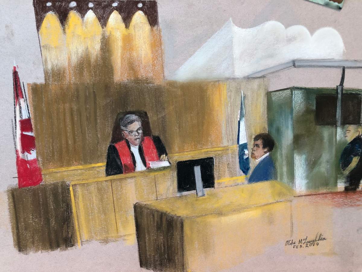 Sketch of Alexandre Bissonnette, who pleaded guilty in the 2017 mass shooting at a Quebec City mosque, Fri., Feb. 8, 2019.