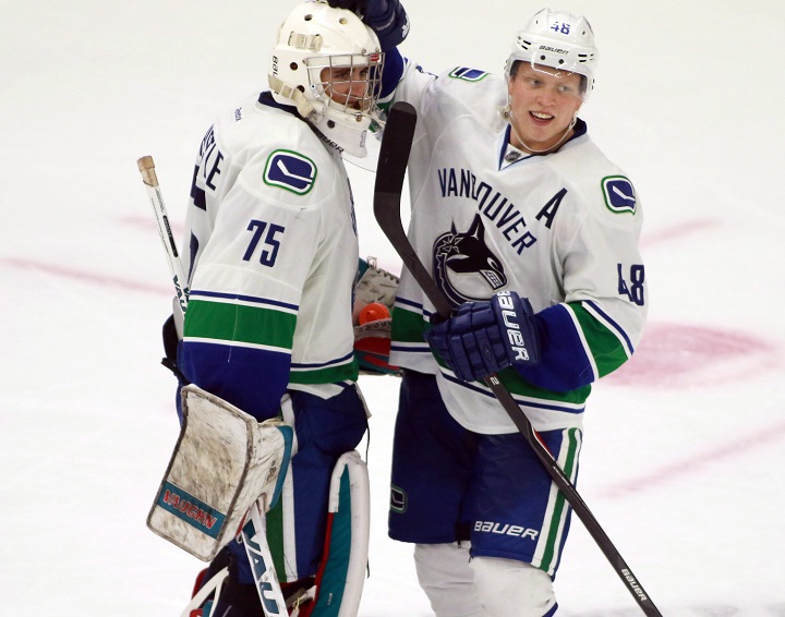 The Canucks have cancelled their Young Stars Classic rookie tournament in Penticton for 2019. Here, goaltender Jackson Whistle celebrates with teammate Hunter Shinkaruk after defeating the Winnipeg Jets 4-1 on Sunday, Sept. 13, 2015.
