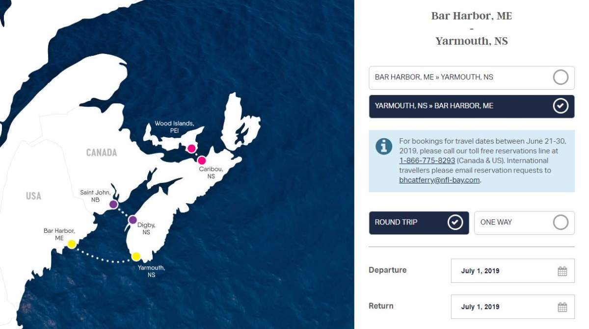 A screenshot of the Bay Ferries website on Feb. 25, 2019.