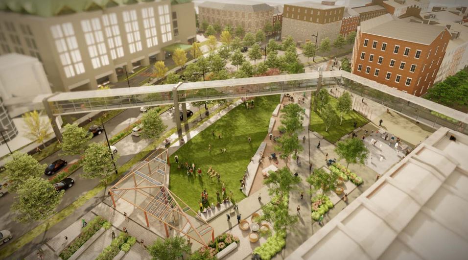 A rendering of the design for Halifax's Cogswell redevelopment at the 90 per cent-complete stage shows the planned Granville Park. 