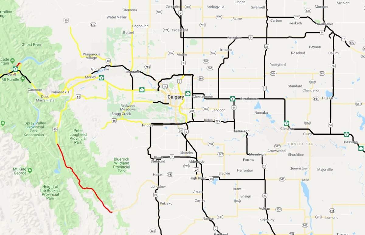 Highways west of Calgary are snow/ice covered toward Canmore and Banff. In the city of Calgary, sections of the Deerfoot Trail are slick.