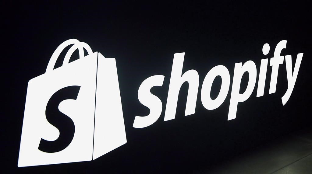 A Shopify logo is seen during an event in Toronto on Tuesday, May 8, 2018.