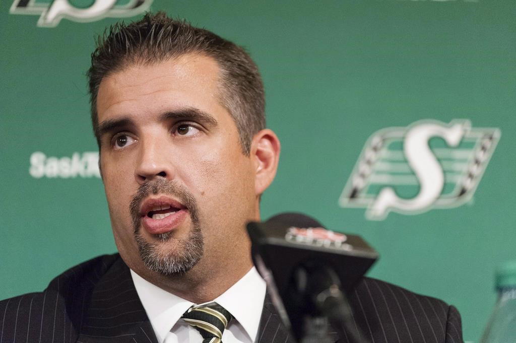 Saskatchewan Roughriders then-interim general manager Jeremy O'Day speaks during a press conference at Mosaic Stadium in Regina, Sask., on Sept. 1, 2015.