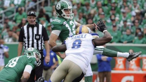 Saskatchewan Roughriders kicker Brett Lauther boots a field goal during second half Labour Day CFL action against the Winnipeg Blue Bombers in Regina on September 2, 2018. THE CANADIAN PRESS/Mark Taylor