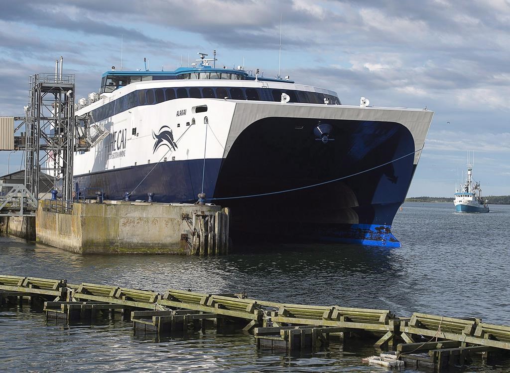 The CAT, a high-speed passenger ferry, prepares to depart Yarmouth, N.S. heading to Portland, Maine on its first scheduled trip on Wednesday, June 15, 2016.
