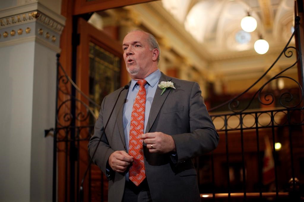 Premier John Horgan says British Columbia boasts Canada's strongest economy but growth is threatened by a shortage of affordable housing for workers and their families. Premier Horgan answers questions from the media during a press conference following the speech from the throne in the legislative assembly in Victoria on Tuesday, Feb. 12, 2019. THE CANADIAN PRESS/Chad Hipolito.