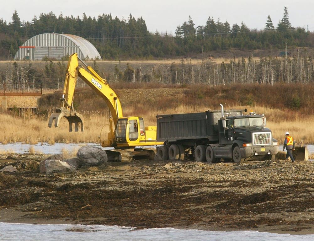 Workers repair the road leading to the Donkin coal mine in Donkin, N.S., on Monday Dec. 13, 2004.