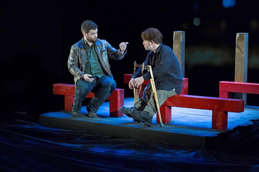 Actors Pat Dempsey (left) and Paul David Power are shown in a scene from the play "Crippled." A Newfoundland playwright says his battle for a visa to perform in the United States shows the barriers independent artists face when telling diverse stories. The U.S. Department of Homeland Security rejected a detailed application to bring Power's autobiographical play "Crippled" to perform at a San Francisco theatre.