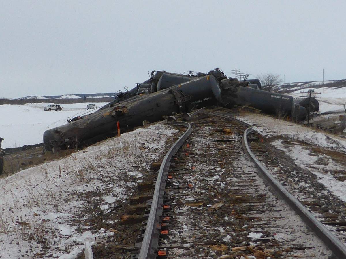 CN train cars piled up after a derailment south of St. Lazare, Man.