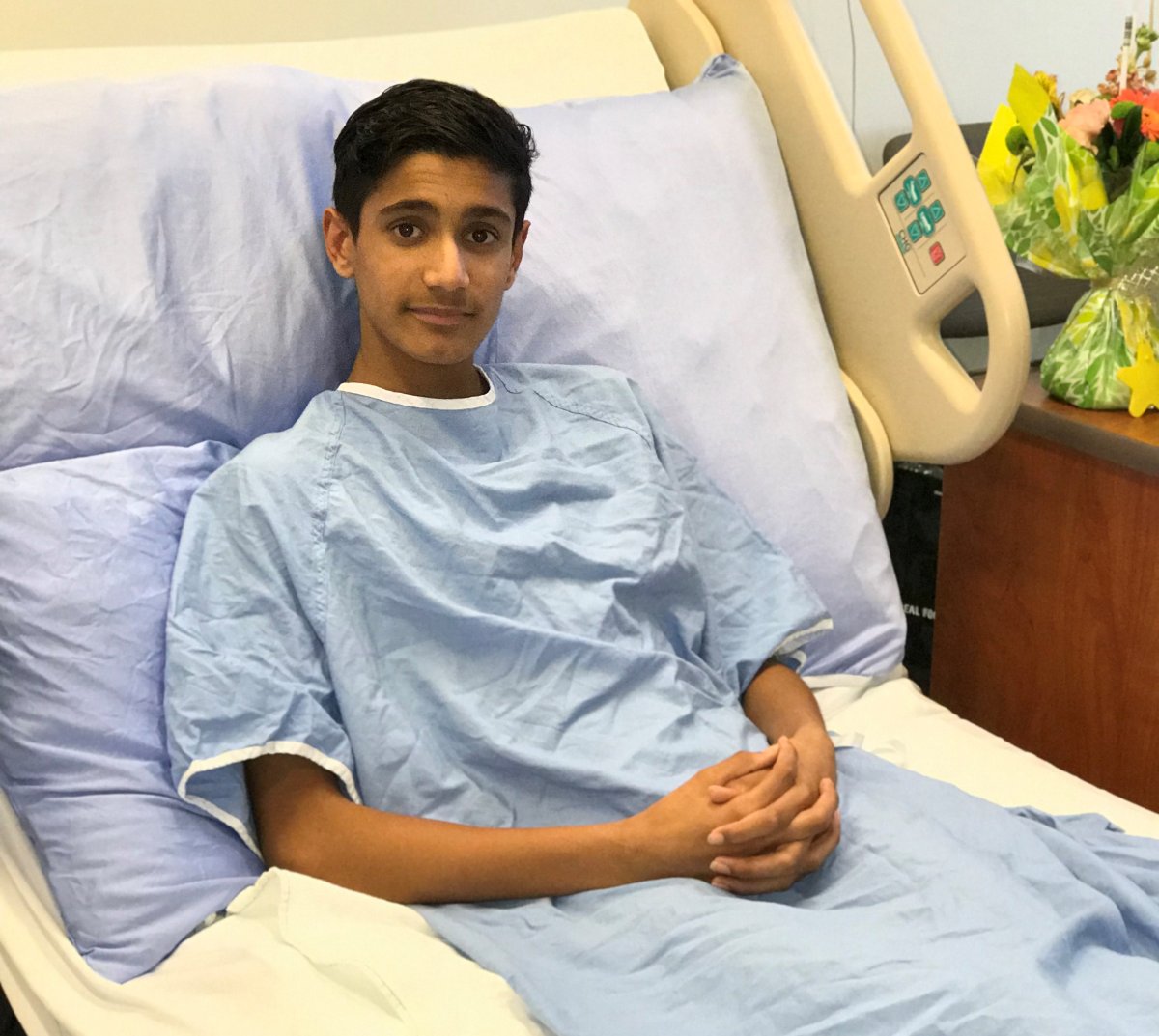 Dilshaan Dhaliwal, seen here, underwent cardiac arrest while at high school last month. Two teachers performed CPR on him, along with using an automated external defibrillator. Dhaliwal was released from hospital this week.