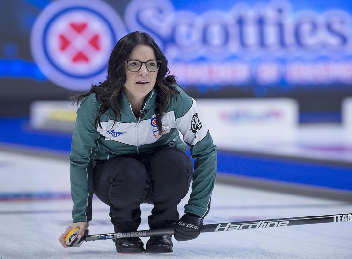 Skip Kerri Einarson, from the Gimli Curling Club, watches a rock they play Casey Scheidegger's rink from the Lethbridge Curling Club, during the wild-card game at the Scotties Tournament of Hearts at Centre 200 in Sydney, N.S. on Friday, Feb. 15, 2019. 