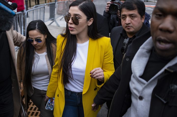Emma Coronel Aispuro, center, wife of Joaquin “El Chapo” Guzman, leaves federal court, Monday, Feb. 11, 2019, in New York.