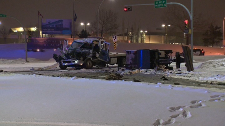 A crash between a large tow truck and a sand truck sends one man to hospital.