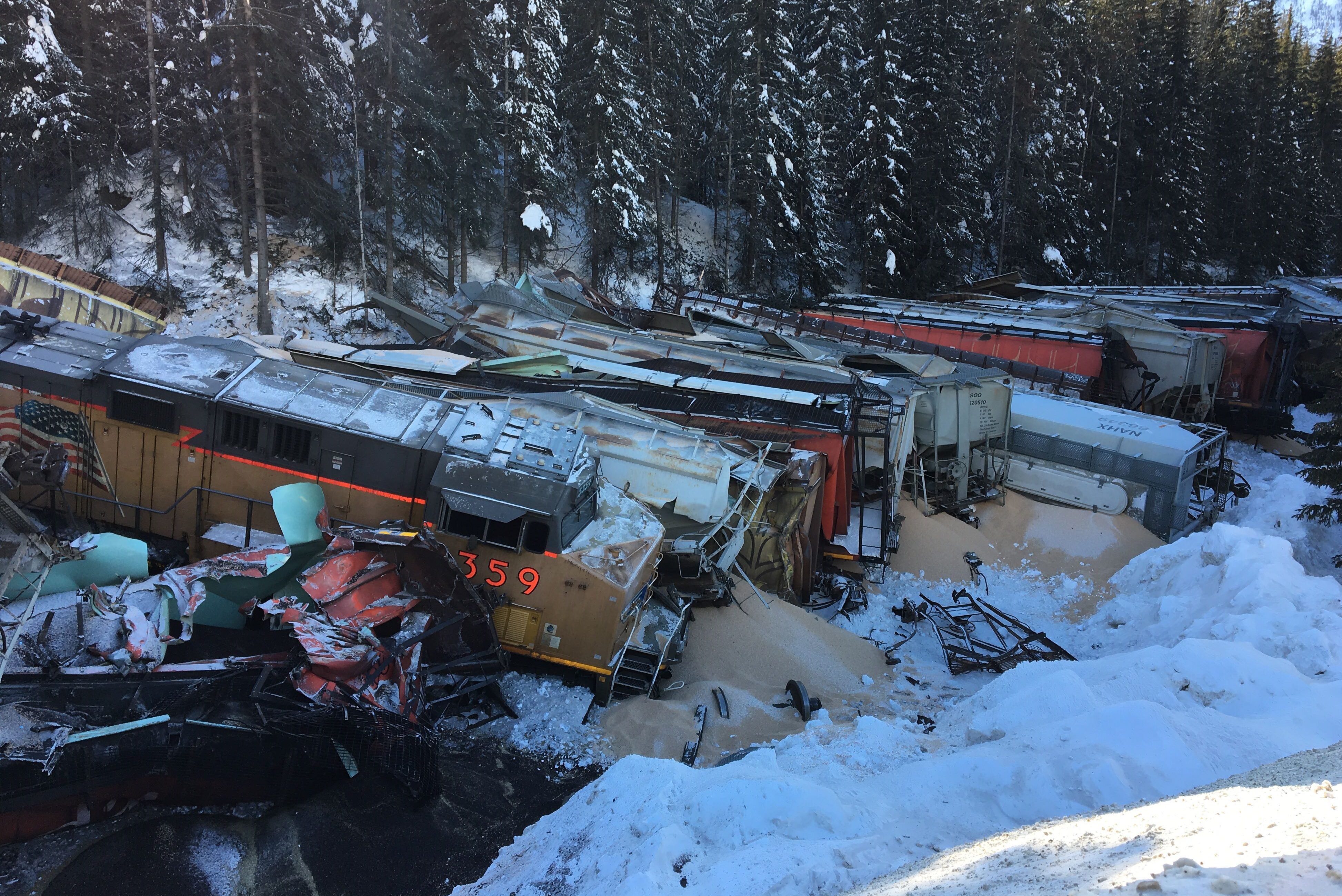 Three Canadian Pacific Railway employees were killed after their westbound freight train derailed and plunged into the Kicking Horse River east of Field, B.C., early Monday, February 4, 2019. 