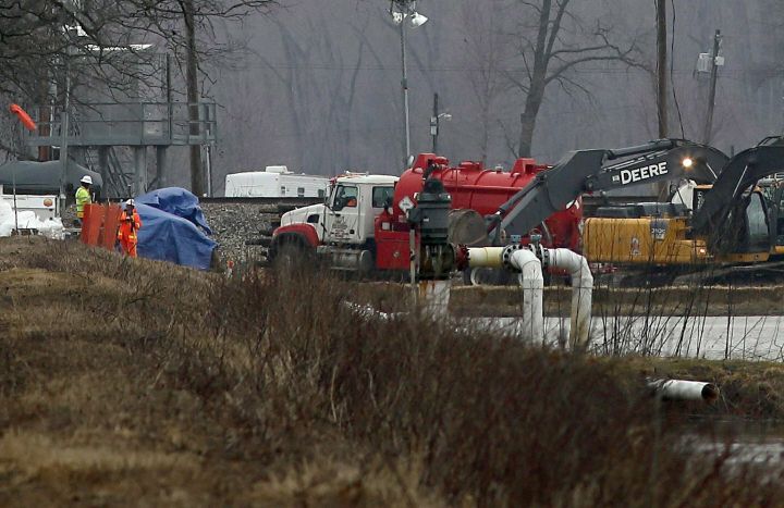 Excavation equipment is used to search for an oil leak close to where the TransCanada Corp's Keystone oil pipeline runs through northern St. Charles County off of Highway C, Thursday, Feb. 7, 2019, near St. Charles, Mo. The source of the oil leak has not yet been identified but the Keystone oil pipeline has been shut and the Missouri Department of Natural Resources official said the the release is stopped.