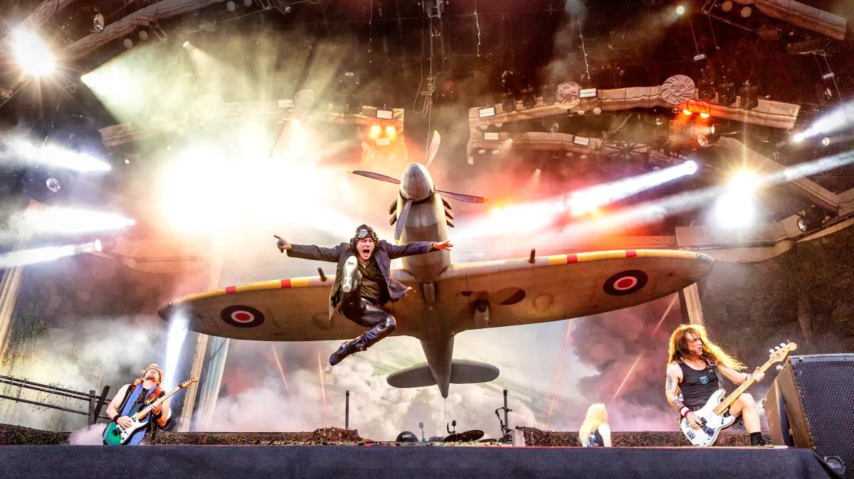 Iron Maiden performing live during their ‘Legacy of the Beat’ tour at the Sweden Rock Festival in 2018.