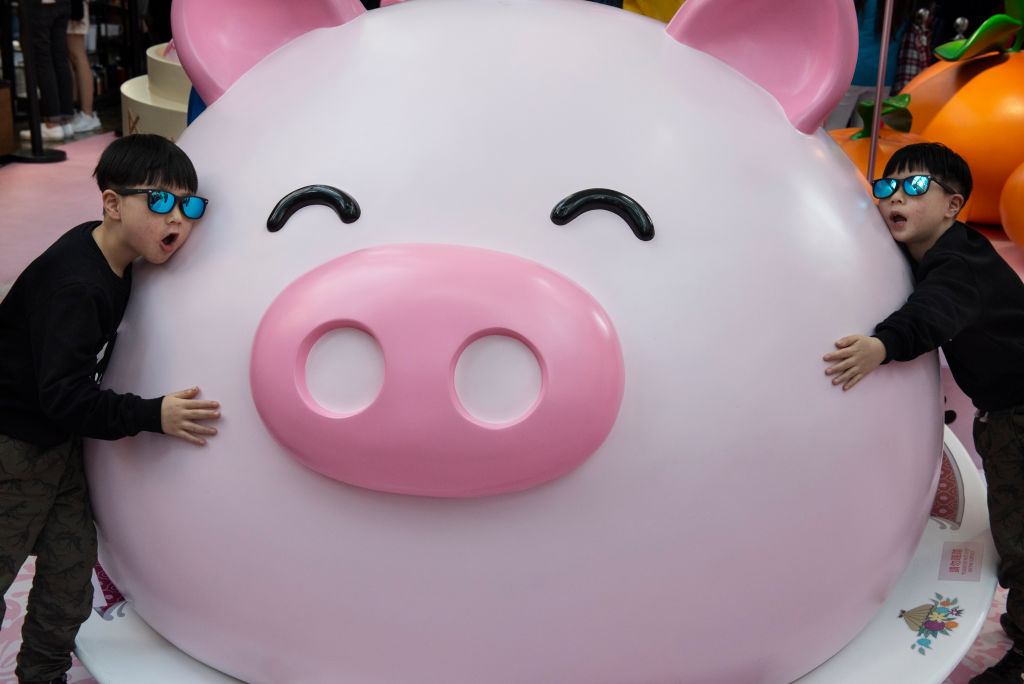 Kids seen playing next to a large decorative pig commemoration during the preparation for Lunar New Year in Hong Kong. Credit Getty Images