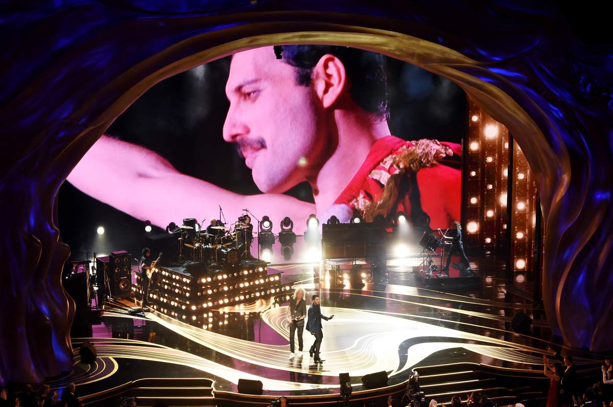 An image of the late Freddie Mercury is projected onto a screen while Adam Lambert and Queen perform onstage during the 91st Annual Academy Awards at Dolby Theatre on Feb. 24, 2019 in Hollywood, Calif. (Photo by Kevin Winter/Getty Images)