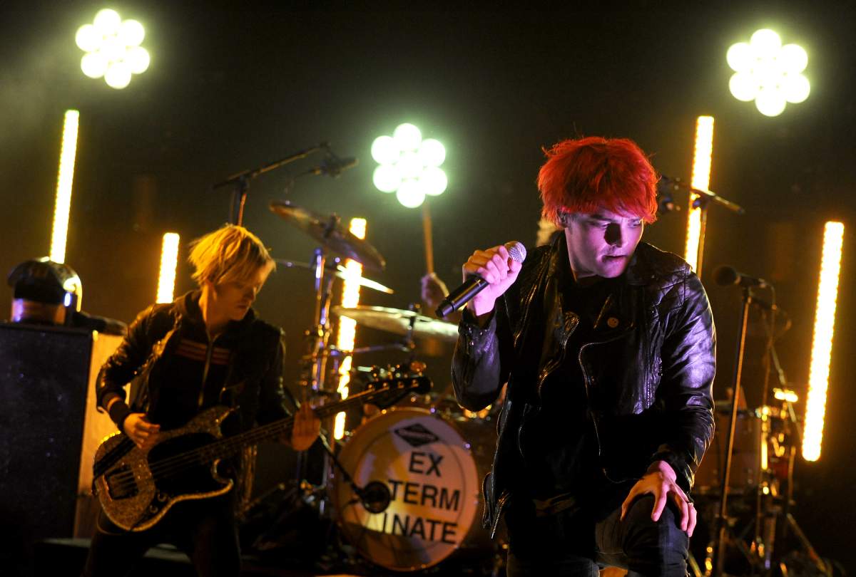 Mikey Way (L) and Gerard Way (R) of My Chemical Romance perform as part of the ‘Honda Civic Tour’ at Shoreline Amphitheatre on Oct. 5, 2011 in Mountain View, Calif.