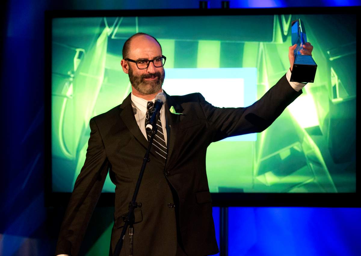 Comedian Brody Stevens accepts the EIC President's Award at the 18th Annual PRISM Awards at Skirball Cultural Center on April 22, 2014, in Los Angeles, California.