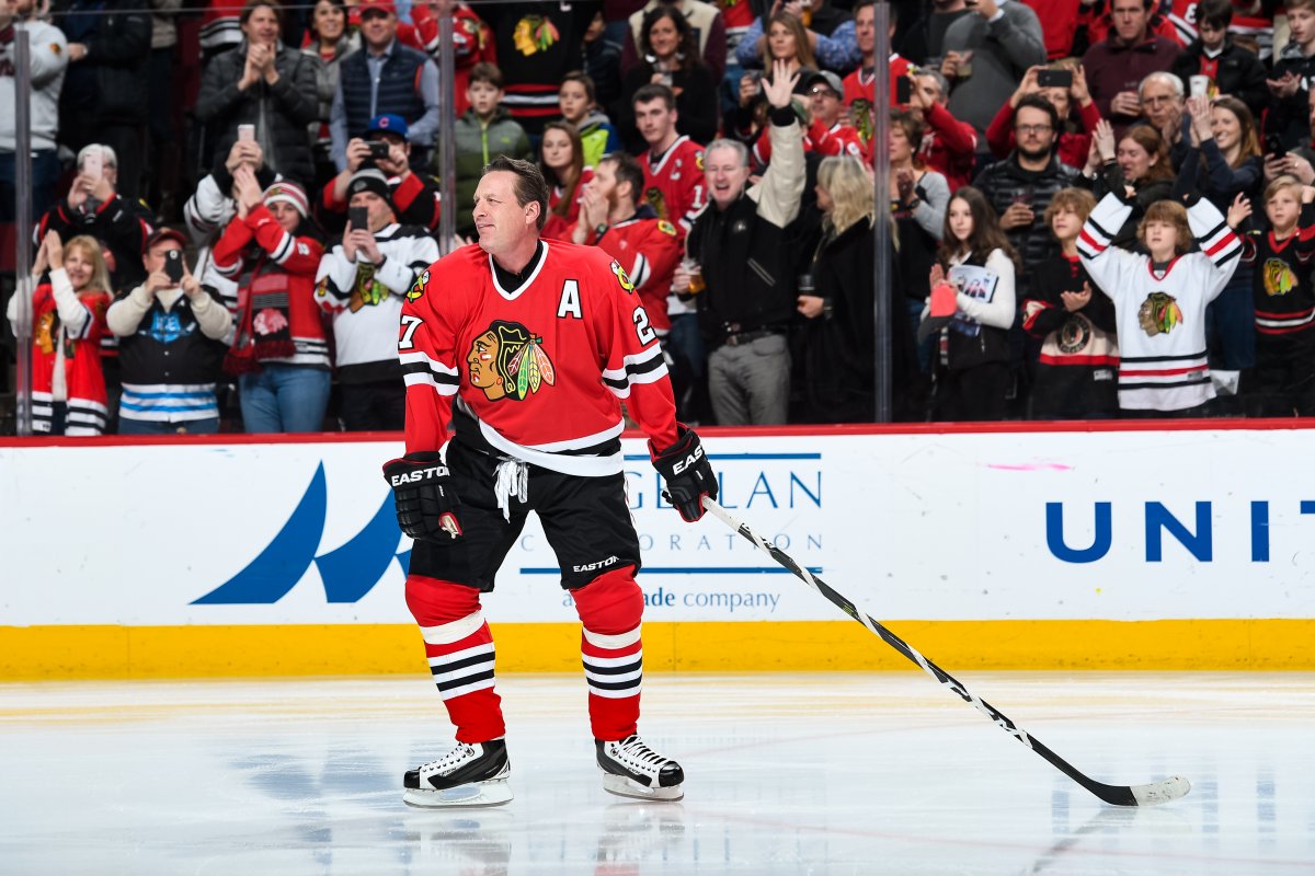  Former Chicago Blackhawks forward Jeremy Roenick is honored during the Blackhawks "One More Shift" campaign prior to the game against the Vancouver Canucks at the United Center on January 22, 2017 in Chicago, Illinois.  