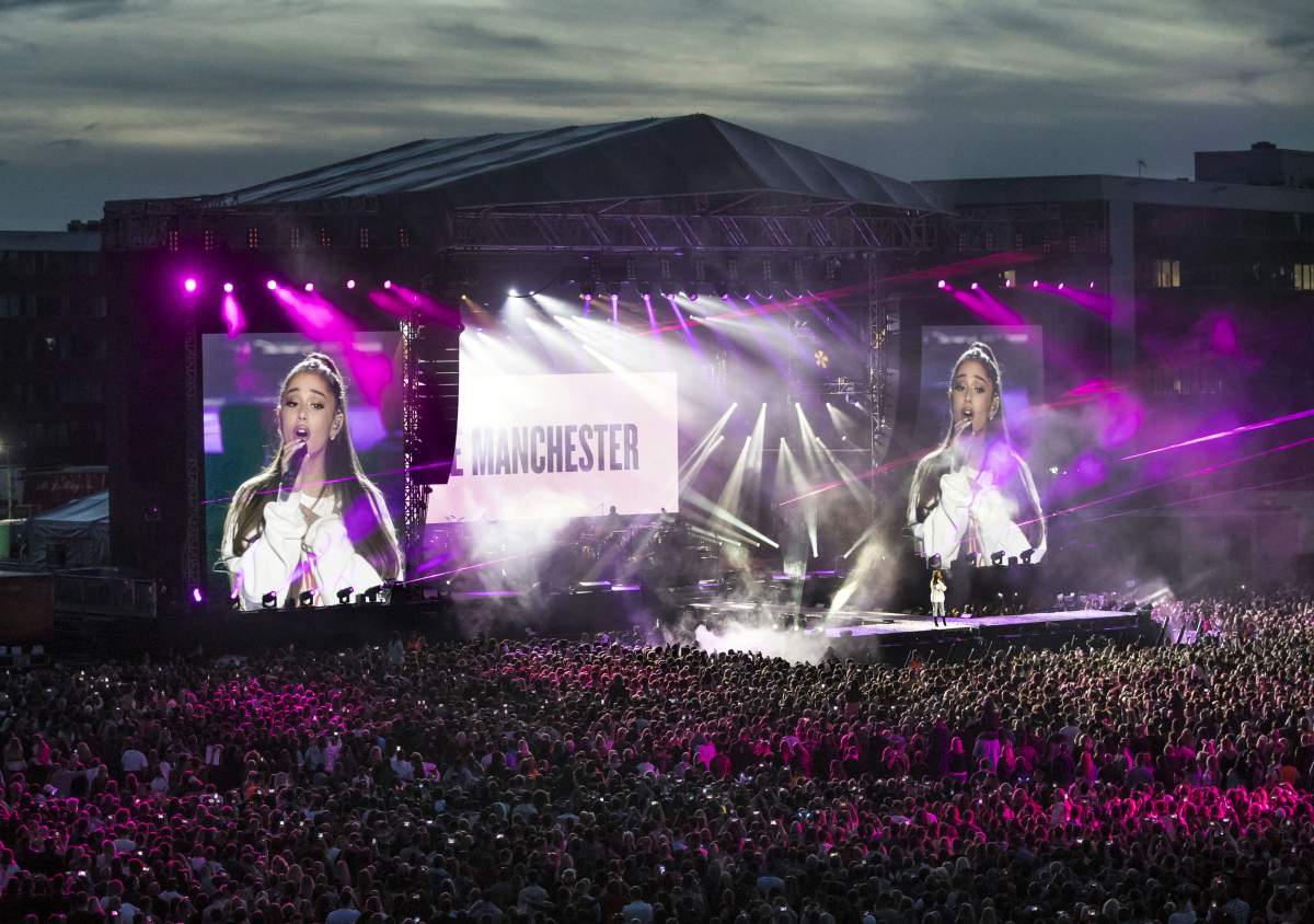 Ariana Grande performs at the ‘One Love Manchester’ benefit concert at Emirates Old Trafford in Greater Manchester on June 4, 2017.