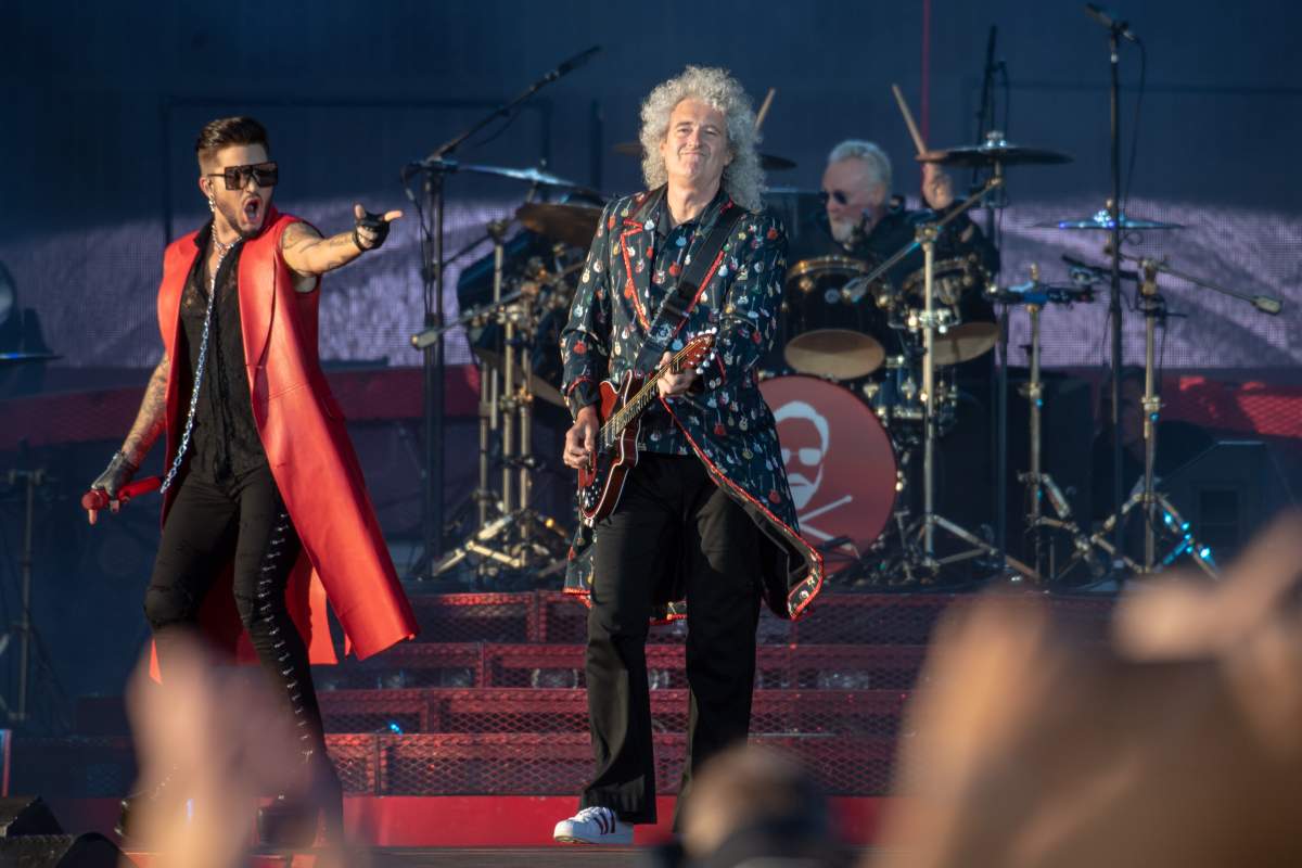 Adam Lambert and Brian May and Roger Taylor of Queen perform onstage during TRNSMT Festival Day 4 at Glasgow Green on July 6, 2018, in Glasgow, Scotland.