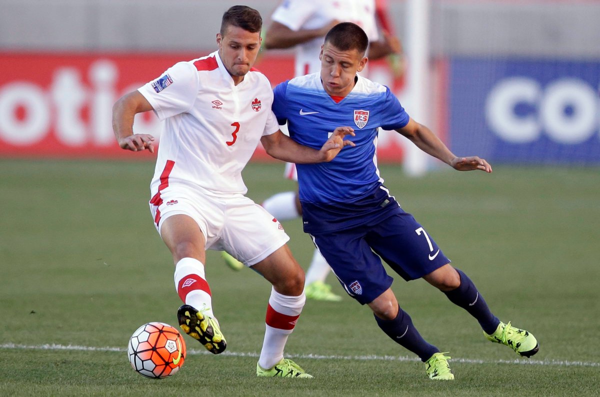 Canada midfielder Giuliano Frano (3) and United States defender Dillon Serna (7) battle for the ball in the first half of a CONCACAF Mens Olympic qualifying  soccer match Tuesday, Oct. 13, 2015, in Sandy, Utah. 