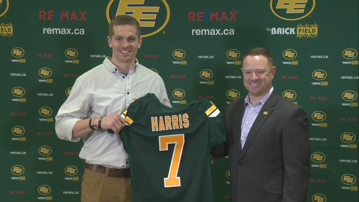Trevor Harris and Brock Sunderland at Harris' first news conference as an Edmonton Eskimo at Commonwealth Stadium on Feb. 14, 2019.