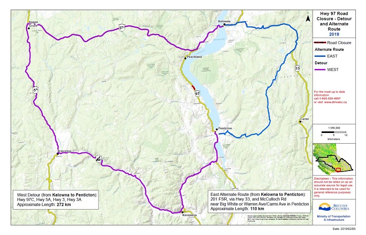 The province has recommended only two detour routes for the Highway 97 rockslide in the Okanagan.
