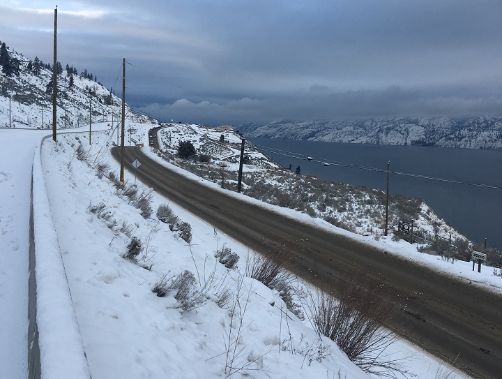 A view of the Callan Road detour and Okanagan Lake in the background.