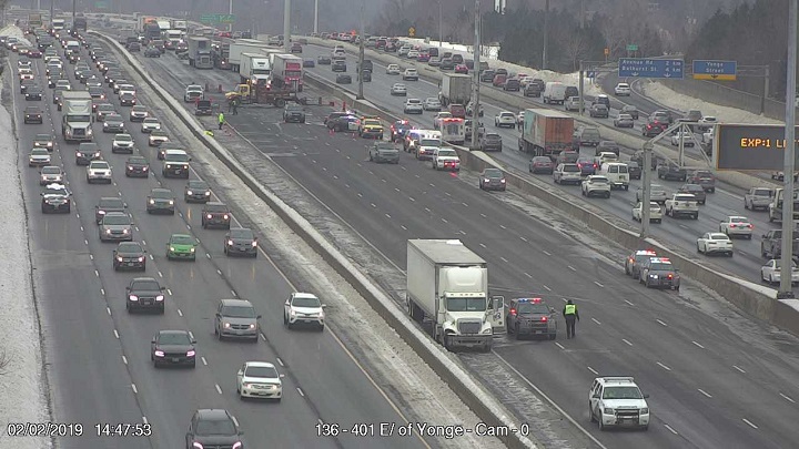 The express lanes of Highway 401 were closed Saturday afternoon after a man was struck and killed by a truck on the highway.