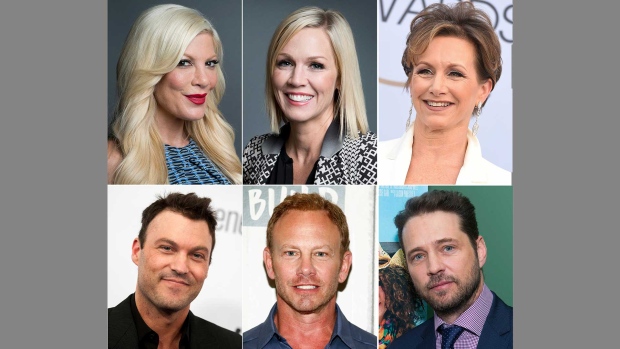 Cast members of the Beverly Hills 90210 series, from top left, Tori Spelling, Jennie Garth, Gabrielle Carteris, and bottom row from left, Brian Austin Green, Ian Ziering and Jason Priestley. (AP Photo)