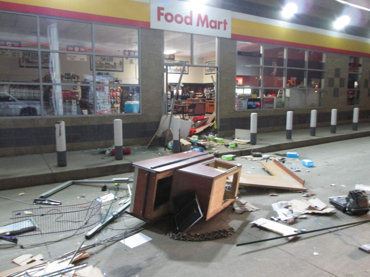 Damage at a southern Alberta business from an ATM theft.